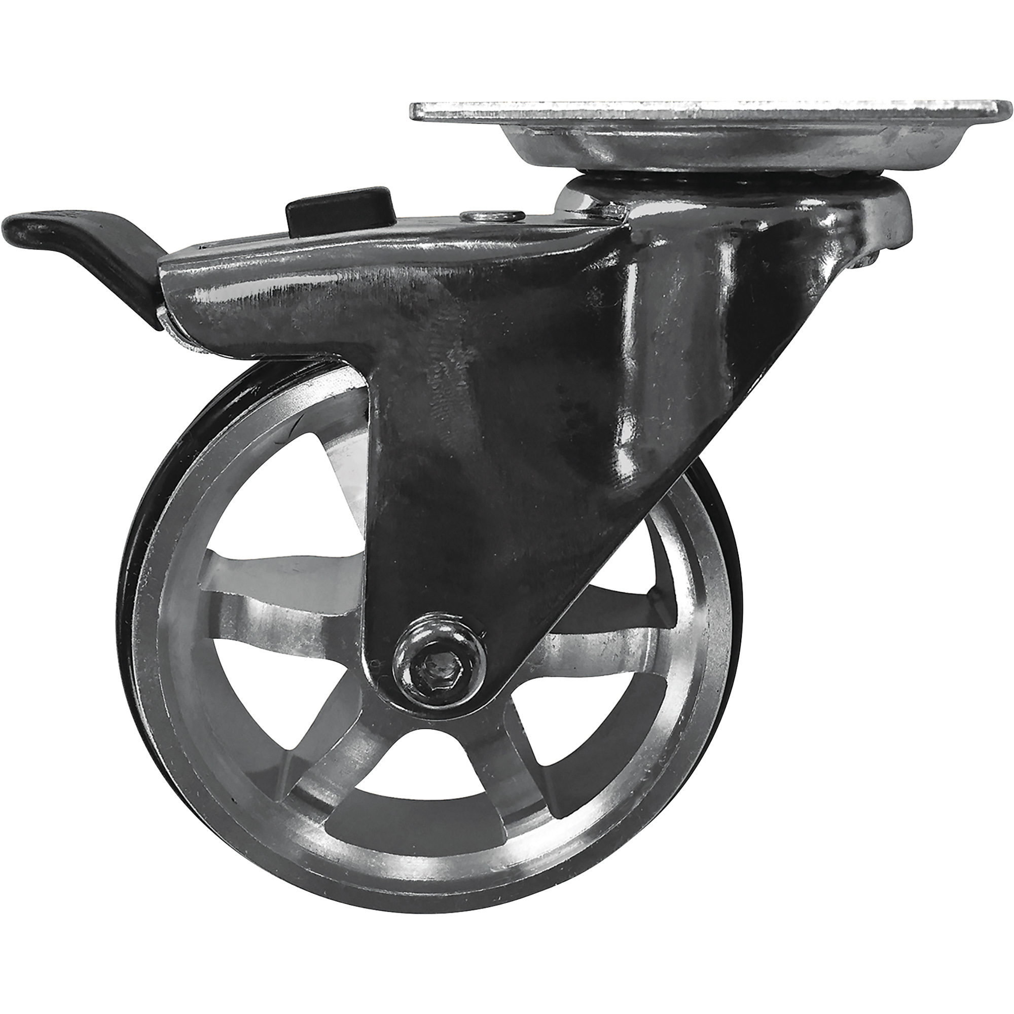 Shepherd Hardware 3in. Swivel Machined Aluminum Caster with TPU Nonmarking Tread, 4-Pk., 100-Lb. Capacity, Chrome Finish, With Lock, Chrome Plate Mount, Model# 8295E